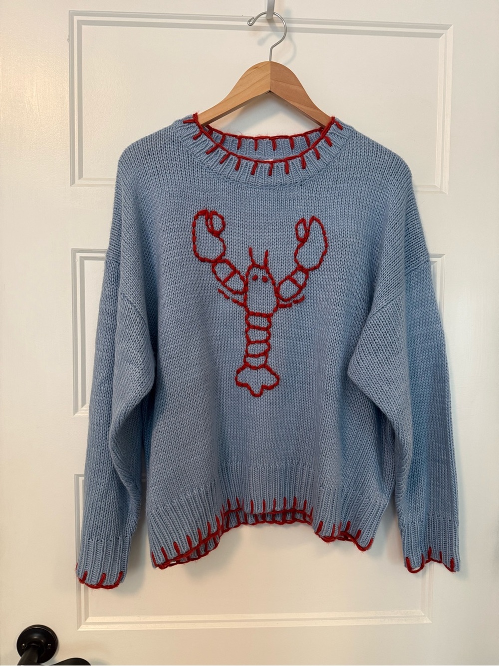 Bailey Rose Light Blue Sweater with Red Lobster Stitch Detail
